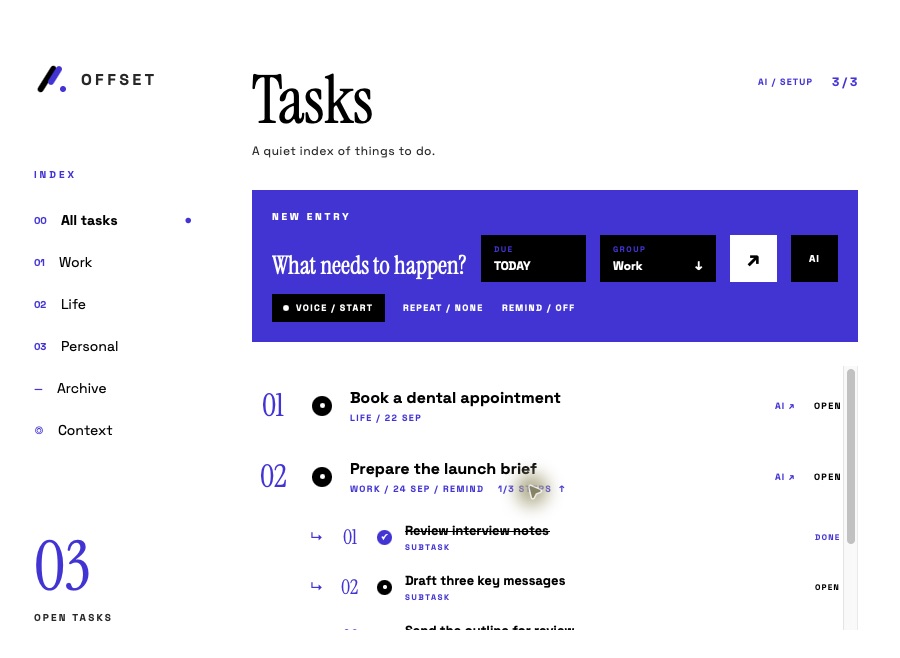 OFFSET task list with categories and task entry