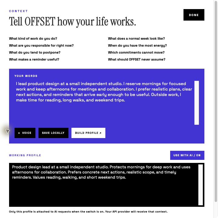OFFSET CONTEXT profile screen